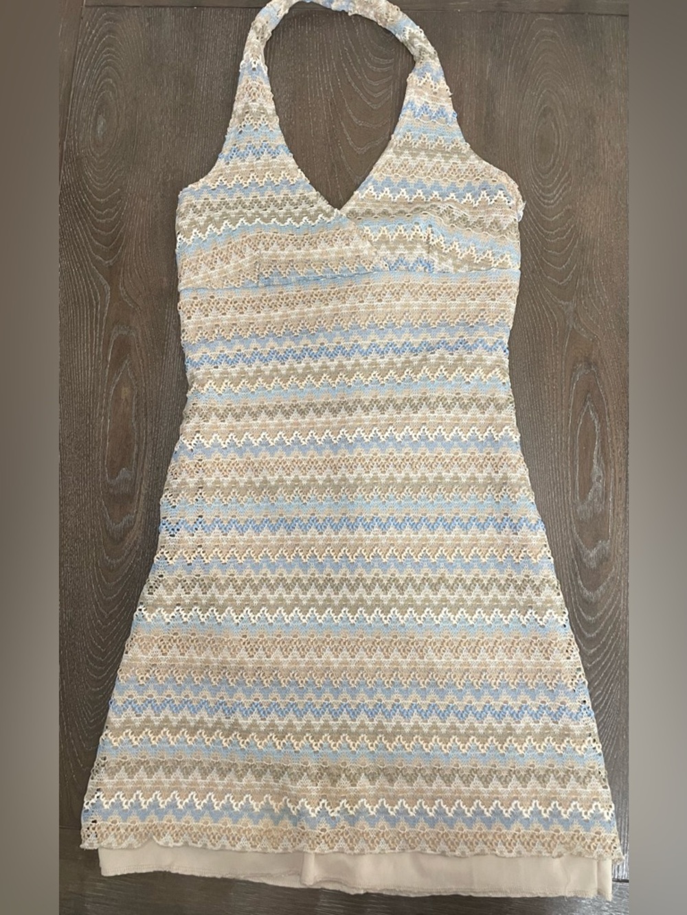 Vintage Y2K Chesley Crochet Halter Dress Beige Blue Boho Cottagecore Size M